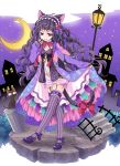  1girl :&lt; animal_ears black_hair bloomers bow cat cat_ears cat_tail crescent_moon full_body gem hair_ornament hairband heart_hair_ornament highres house jitome lamppost long_hair moon multicolored_clothes night original pocketland polka_dot print_clothes purple purple_bow purple_legwear purple_shoes red_bow shoes smile solo sparkle_print standing star striped striped_bow striped_legwear tail tail_bow tamaoka_kagari thigh-highs underwear vertical-striped_legwear vertical_stripes violet_eyes 