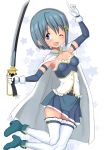  1girl cape eyebrows eyebrows_visible_through_hair glove hair_ornament holding mahou_shoujo_madoka_magica miki_sayaka one_eye_closed open_mouth qm short_hair skirt solo star sword white_legwear wink 