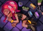  1girl alarm_clock belly black_footwear black_shirt black_shorts boots bracelet clock closed_eyes closed_mouth from_above full_body green_shirt instrument jewelry lying octoling phone pink_hair shirt short_hair short_shorts shorts sleeping sleeveless solo splatoon_(series) splatoon_2 splatoon_2:_octo_expansion sweat tawara8853 tentacle_hair triangle_(instrument) yellow_bracelet zipper 