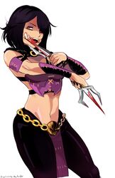  belt blood chains hair_over_one_eye makeup mileena mortal_kombat mortal_kombat_x ninja sharp_teeth short_hair solo teeth yellow_eyes 