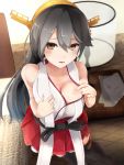  1girl bare_shoulders black_boots black_hair black_legwear blurry blush boots breasts brown_eyes cleavage depth_of_field hair_between_eyes hair_ornament hairband hairclip haruna_(kantai_collection) headgear japanese_clothes kantai_collection large_breasts long_hair looking_at_viewer looking_down no_bra nontraditional_miko open_mouth parted_lips red_skirt remodel_(kantai_collection) skirt smile solo takashia_(akimototakashia) thigh-highs thigh_boots 