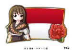  1girl brown_eyes brown_hair carnation flag flower long_hair monaco_(country) monaco_flag murakami_senami 