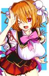  1girl agata_nono artist_request blush breasts frills hair_ornament honoo_no_haramase_motto!_hatsuiku!_karada_sokutei_2 large_breasts one_eye_closed open_mouth orange_hair ribbons school_uniform short_hair simple_background solo violet_eyes 