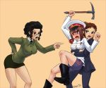  3girls bangs black_hair bloomers blue_eyes boots breasts brown_eyes brown_hair communism fist flick-the-thief genderswap hammer_and_sickle hat holding ice_pick joseph_stalin leon_trotsky mc_axis military military_uniform multiple_girls necktie open_mouth peaked_cap pipe pointing red_eyes red_star russian short_hair short_skirt shouting simple_background skirt soviet striped suit vladimir_lenin 