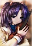  1girl blush brown_background clannad fixelcat_(zaerook) hair_bobbles hair_ornament highres holding_object ichinose_kotomi light_smile long_hair purple_hair school_uniform tied_hair twintails two-tone_background violet_eyes violin 