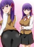  1girl ass bangs black_skirt blush breasts brown_vest collared_shirt commentary_request fate/stay_night fate_(series) hair_ornament hair_ribbon hara_(harayutaka) highres homurahara_academy_uniform large_breasts long_hair long_sleeves looking_at_viewer matou_sakura open_mouth purple_hair purple_ribbon red_ribbon ribbon shirt skirt smile solo vest violet_eyes white_shirt 