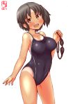  1girl artist_logo black_hair black_swimsuit brown_eyes commentary_request competition_swimsuit cowboy_shot dated goggles goggles_removed highres kanon_(kurogane_knights) kantai_collection looking_at_viewer nagara_(kantai_collection) one-piece_swimsuit one-piece_tan one_side_up open_mouth short_hair simple_background smile solo swimsuit tan tanline white_background 