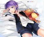  1boy bags_under_eyes bed collarbone collared_shirt diabolik_lovers from_below looking_at_viewer lying male_focus open_clothes pillow purple_hair sakamaki_kanato sandy7367 solo stuffed_animal teddy_(diabolik_lovers) teddy_bear unbuttoned violet_eyes 