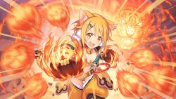  1girl absurdres animal_ear_fluff animal_ears animal_hands arm_guards armlet battle bell belt belt_buckle bikini blonde_hair breasts brown_gloves buckle cat_ears cat_girl cat_ornament cat_paws cat_tail clenched_hands column cowboy_shot crowd ear_piercing earrings fighting_stance fur-trimmed_gloves fur_collar fur_trim gloves green_bikini hair_ornament hairclip highleg highleg_bikini highres hip_armor hiyori_(princess_connect!) jewelry jingle_bell official_art open_mouth orange_hair paw_gloves piercing pillar princess_connect! short_hair smile solo_focus standing swimsuit tail tail_ornament tail_ring third-party_source tiger vest yellow_eyes 