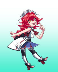  1girl absurdres ascot black_garter_straps blue_skirt boots fang garter_straps hair_between_eyes headgear highres kantai_collection long_hair miniskirt orange_eyes phoenix_(kancolle) red_ascot redhead ron_(pixiv83091338) skirt sleeveless solo thigh_boots toon_(style) very_long_hair white_overskirt 