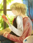  &amp;hat;_&amp;hat; america axis_powers_hetalia blonde_hair blush book couple green_eyes hug necktie pants short_hair united_kingdom yaoi 