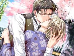  blonde_hair blush brown_hair couple hanamachi_monogatari hug japanese_clothes sakura shuri suit tatsumi tree yaoi 