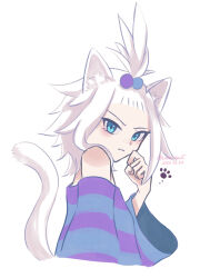  1girl animal_ears bare_shoulders blue_eyes blue_shirt blush cat_ears cat_girl cat_tail closed_mouth commentary_request dated freckles hair_bobbles hair_ornament highres paw_print pokemon pokemon_bw2 purple_shirt roxie_(pokemon) runa_(luna_naut) shirt simple_background solo striped_clothes striped_shirt tail topknot twitter_username two-tone_shirt upper_body v-shaped_eyebrows white_background white_hair 