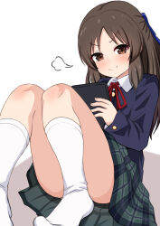  1girl blush brown_eyes brown_hair child closed_mouth comiching grey_skirt highres holding idolmaster idolmaster_cinderella_girls kneehighs knees long_hair long_sleeves looking_at_viewer no_shoes plaid_clothes plaid_skirt school_uniform simple_background sitting skirt smile socks solo tachibana_arisu thighs white_background white_socks 