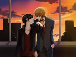  black_hair blonde_hair couple durarara!! heiwajima_shizuo jacket necktie orihara_izaya short_hair sky suit sunset yaoi 