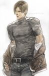 1boy belt brown_eyes brown_hair curtained_hair jacket leon_s_kennedy male_focus resident_evil_4 short_hair short_sleeves simple_background solo 