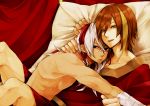  bandage bed black_eyes blonde_hair brown_eyes brown_hair couple elefseus hug leontius redhead smile sound_horizon white_hair yaoi 