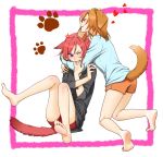  2girls animal_ears animal_print bare_legs barefoot blush brown_hair dog_ears dog_print dog_tail heart highres hug kousaka_honoka love_live! love_live!_school_idol_project miso-ha_(ukyuu) multiple_girls nishikino_maki one_eye_closed redhead short_shorts shorts tail violet_eyes 