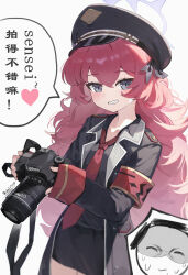  1girl absurdres armband black_jacket black_shirt black_skirt blue_archive blush camera canon_(company) chinese_commentary commentary_request cowboy_shot doodle_sensei_(blue_archive) grey_eyes grin halo hat highres holding holding_camera iroha_(blue_archive) jacket long_hair long_sleeves looking_at_viewer luo_shu necktie open_clothes open_jacket peaked_cap red_armband red_necktie redhead sensei_(blue_archive) shirt simple_background skirt sleeves_past_wrists smile solo speech_bubble standing teeth translation_request very_long_hair white_background 