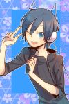  1boy blue_eyes blue_hair devil_survivor happy headphones microphone short_hair wink yoshida_sei_(artist) 