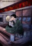  black_hair blonde_hair couple fay_d_flourite hug japanese_clothes kiss kurogane night short_hair suit tsubasa_reservoir_chronicles yaoi 