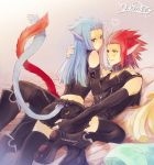  axel bed blue_hair blush boots cat_ears choker couple gloves grey_eyes heart jewelry kingdom_hearts long_hair redhead saix short_hair shorts smile sweatdrop tail tattoo thigh-highs yaoi yellow_eyes 