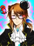  animal_ears blue_eyes brown_hair glasses jacket long_hair ponytail raccoon_(trickster) ribbon royalty trickster_online 