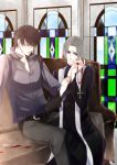  2boys b_prince belt blue_eyes brown_eyes brown_hair clothes cross glasses grey_hair hand_holding jewelry male multiple_boys multiple_windows pants priest ribbon sad stained_glass window yaoi 