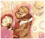  ahoge america axis_powers_hetalia blue_eyes blush couple flower glasses gloves hug jacket surprised united_kingdom yaoi 