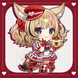 1girl :3 animal_ears apron ashikawa_shiho asymmetrical_legwear black_hair blonde_hair blush_stickers border brown_vest checkered_thighhighs chibi colored_eyelashes commentary creature fishnet_thighhighs fishnets fox_ears fox_girl fox_tail frilled_overskirt frilled_sleeves frills full_body gloves hat heart heart-shaped_pupils holding holding_creature hololive knee_up layered_skirt long_hair looking_at_viewer mary_janes miniskirt mismatched_legwear multicolored_hair name_tag official_alternate_costume official_alternate_hairstyle omaru_polka omaru_polka_(6th_costume) overskirt peaked_cap pink_hair pleated_skirt puffy_short_sleeves puffy_sleeves red_border red_footwear red_gloves red_hat red_overskirt red_skirt red_thighhighs shirt shoes short_sleeves skirt socks socks_over_thighhighs solo standing standing_on_one_leg streaked_hair symbol-only_commentary symbol-shaped_pupils tail thigh-highs tilted_headwear twintails vertical-striped_sleeves vest virtual_youtuber waitress watermark white_apron white_shirt white_socks zain_(omaru_polka)