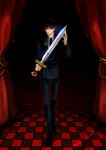  ace alice_in_the_country_of_the_heart brown_hair hat jacket necktie red_eyes short_hair sword uniform 