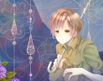  ahoge axis_powers_hetalia brown_hair flower green_eyes hydrangea rain sad south_italy transparent_umbrella umbrella 