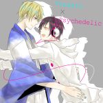  black_hair blonde_hair blue_eyes blush couple durarara!! happy headphones heiwajima_shizuo hug jacket japanese_clothes nail_polish orihara_izaya yaoi 