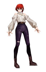  1girl ange_katrina ange_katrina_(5th_costume) bare_shoulders belt blue_eyes blue_pants boots brown_belt brown_footwear closed_mouth commentary_request denim eyelashes full_body gold_necklace hair_between_eyes hair_ornament hairpin high-waist_pants highres jeans jewelry long_bangs long_sleeves looking_to_the_side necklace nijisanji off-shoulder_shirt off_shoulder outstretched_arms pants redhead shirt short_hair simple_background single_hair_intake sleeveless sleeveless_shirt solo standing tight_clothes tight_pants torn_clothes torn_pants virtual_youtuber white_background white_shirt zxjv 