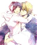  black_hair blonde_hair blue_eyes couple durarara!! happy headphones heiwajima_shizuho hug jacket japanese_clothes orihara_izaya pink_eyes short_hair smile wink yaoi 