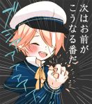  1boy bandage blonde_hair blush bowtie child closed_eyes collared_shirt crushing hat male_focus miza-sore oliver_(vocaloid) open_mouth sailor_hat simple_background smile solo translated upper_body vocaloid 