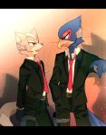  2boys blue_eyes falco_lombardi fox_mccloud furry green_eyes hikako multiple_boys nintendo star_fox suit 