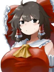  1girl :/ ahoge bare_shoulders black_eyes black_hair blush bow breasts closed_mouth commentary doemumandayo eyebrows eyebrows_visible_through_hair eyelashes hair_bow hakurei_reimu highres huge_breasts looking_at_viewer red_bow short_hair simple_background solo sweatdrop touhou upper_body white_background 