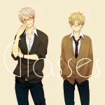  angry axis_powers_hetalia blonde_hair glasses green_eyes grey_hair jacket necktie pants prussia red_eyes seifuku smile united_kingdom 