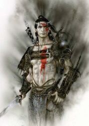  1boy abs ambiguous_red_liquid arm_guards black_hair chest_strap facepaint fog holding holding_sword holding_weapon horns lips long_hair luis_royo malefic_time metal_armor muscular navel nipples official_art pants ponytail shoulder_guard signature sword sword_hilt sword_on_back too_many_weapons topless_male weapon weapon_on_back 