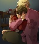  araragi_koyomi bakemonogatari black_hair blonde_hair blush book couple hug jacket monogatari_(series) oshino_meme red_eyes short_hair yaoi 