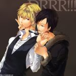  black_eyes black_hair blonde_hair couple glasses heiwajima_shizuo jacket orihara_izaya short_hair suit tongue yaoi 