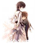  black_hair brown_hair code_geass couple hug kururugi_suzaku lelouch_lamperouge sad short_hair smile uniform violet_eyes yaoi 