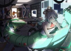  2girls at_computer blueprint_(object) cecilia_immergreen computer doll_joints gigi_murin green_eyes grey_hair highres holographic_interface hololive hololive_english indoors joints lamia mechanical_tail monster_girl mouth_hold multiple_girls opening_door otomo_(cecilia_immergreen) short_hair tail tools very_long_tail virtual_youtuber welding winding_key workshop wrench yorobisan 