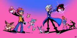  2boys 2girls :3 :d arm_up black_footwear black_pants black_shirt blue_coat blue_eyes blue_hair blue_headband blue_jacket blue_pants boots closed_mouth coat commentary double_bun dress eevee english_commentary espeon eyewear_on_head glint goggles goggles_around_neck gradient_background green_eyes grey_hair hair_bun happy headband highres holding holding_poke_ball jacket james_turner jovi_(pokemon) jumping long_hair long_sleeves looking_at_viewer michael_(pokemon) minun multiple_boys multiple_girls open_mouth orange_hair outstretched_arm pants pink_footwear plusle poke_ball poke_ball_(basic) pokemon pokemon_(creature) pokemon_colosseum pokemon_xd red_hair rui_(pokemon) shadow shirt shoes short_hair short_twintails signature simple_background skirt smile spiky_hair standing sunglasses twintails umbreon vest wes_(pokemon) white_dress white_skirt yellow_eyes yellow_vest 