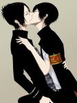  black_hair couple hibari_kyoya hug jacket jewelry katekyou_hitman_reborn kiss rokudou_mukuro short_hair yaoi 