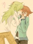  2boys brown_hair green_hair heart kiss long_hair male_focus multiple_boys n_(pokemon) nintendo pokemon short_hair tagme touya_(pokemon) yaoi 