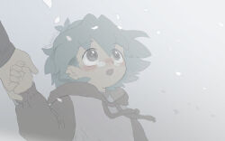  1boy child drawstring glasses grey_eyes grey_theme hair_between_eyes holding_hands long_sleeves looking_up male_focus marufuji_sho moiko open_mouth raglan_sleeves short_hair snow solo_focus twitter_username winter yu-gi-oh! yu-gi-oh!_gx 