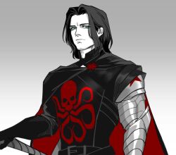  1boy adapted_costume allie_lynee belt black_belt black_cape black_gloves black_hair black_jacket blue_eyes cape closed_mouth english_commentary gloves gradient_background grey_background highres holding holding_weapon jacket james_buchanan_barnes long_sleeves looking_at_viewer male_focus mandarin_collar marvel marvel_cinematic_universe octopus_print prosthesis prosthetic_arm red_cape short_hair simple_background solo star_(symbol) star_ornament two-sided_cape two-sided_fabric upper_body weapon white_background 