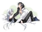  angeal_hewley bed black_eyes black_hair couple final_fantasy_vii happy long_hair pants sephiroth short_hair smile white_hair yaoi 